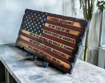 Small US wooden Flag with Pledge of Allegiance 13"x7.5" (stand included)