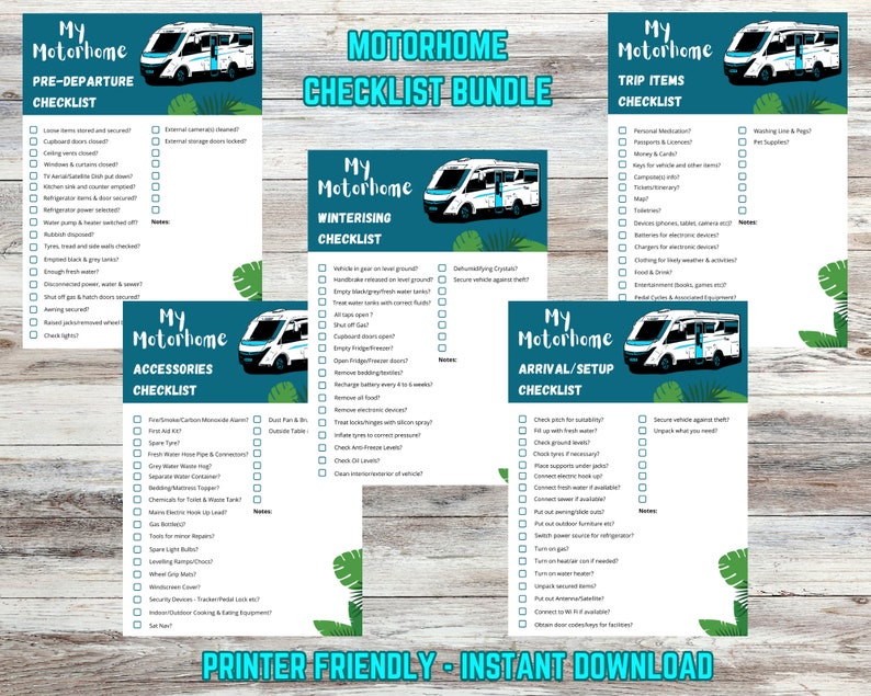 Motorhome Essential Checklists Bundle Predeparture Accessories Trip