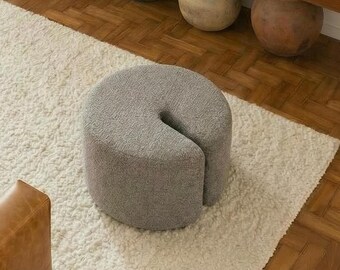 Gray textured moroccan pouf, frameless ottoman floor seating, accent pouf stool, sitting couch