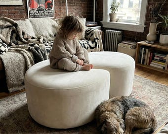 White designer lounge chair, diva ottoman pouf, accent floor seating, frameless sitting couch