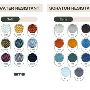 May include: A product color chart with the text "WATER RESISTANT" and "SCRATCH RESISTANT". The chart displays various fabric swatches in different colors, labeled "Jeff" and "Rene". Each swatch is numbered, with the brand logo "SITA" at the bottom.