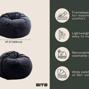 May include: Dark gray beanbag chair, 47.2 inches (120cm) wide and 31.5 inches (80cm) high. Features include a frameless design, lightweight construction, removable and washable covers, and a wide color selection.