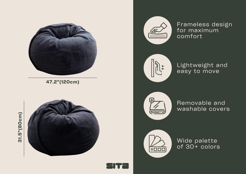 May include: Dark gray beanbag chair, 47.2 inches (120cm) wide and 31.5 inches (80cm) high. Features include a frameless design, lightweight construction, removable and washable covers, and a wide color selection.