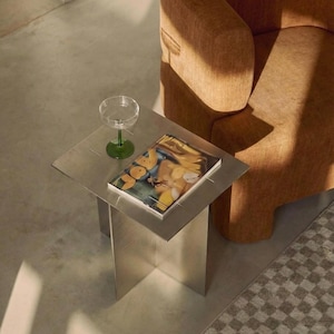 Mesa auxiliar pequeña para cóctel, mesa auxiliar de metal, mesa de sofá para revistas, mesita de noche de acero cepillado, soporte para plantas.