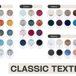 May include: A color chart of Classic Textile yarns, featuring various shades of yarn samples. The chart is divided into sections labeled "Paul", "Doris", "Velour", and "Bunny", each with multiple color swatches.