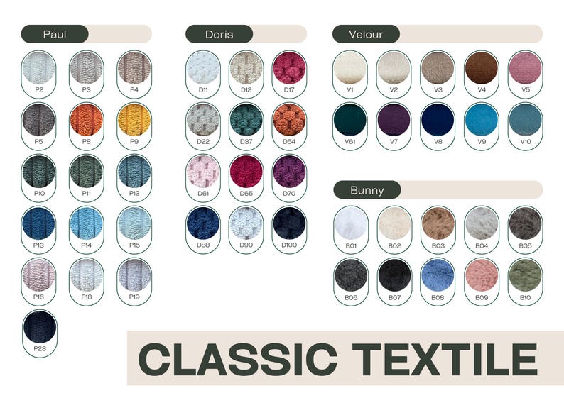 May include: A color chart of Classic Textile yarns, featuring various shades of yarn samples. The chart is divided into sections labeled "Paul", "Doris", "Velour", and "Bunny", each with multiple color swatches.