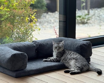 Washable medium size dog bed, organic cat couch, gray velour cat bed with pillow, french bulldog owner gift, orthopedic dachshund bed