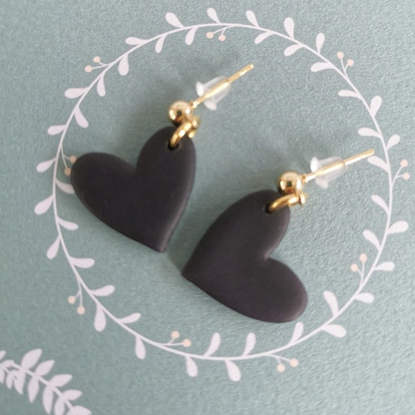 Anthracite Heart-Shaped Polymer Clay Earrings with Gold Ball Studs - Modern and Romantic Handmade Jewelry