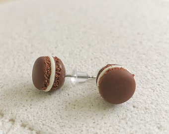 Handmade Polymer Clay Macaron Stud Earrings - Realistic Brown and White Dessert Jewelry for Fun and Sweet Style