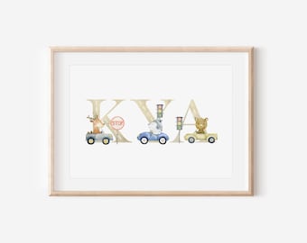 Personalised Animal Vehicle Name Print – Car Wall Art for Kids – Watercolour Nursery Decor – Animal Art – Custom Vehicle Name Picture
