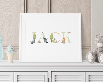 Personalised Forest Animal Name Print – Woodlands Wall Art for Kids – Watercolour Nursery Decor – Animal Art – Custom Name Picture