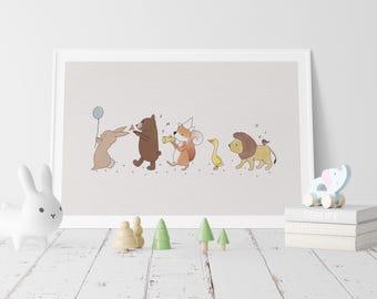 Nursery Art Print, Animal Parade,  Cute Baby Room Wall Art, Watercolour Safari Animals, Baby Room Decor, Nursery Print, Kids Wall Print