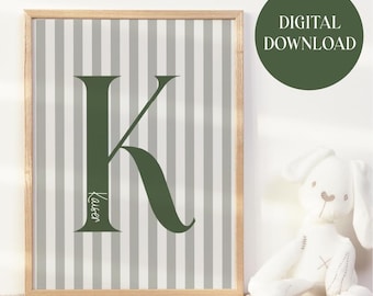 Personalised Name & Initial Wall Art - Custom Striped Nursery Print for Baby Boy or Girl | Printable Baby Shower Gift | Digital Download
