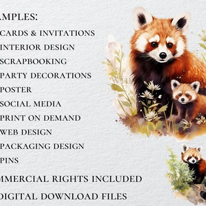 May include: Watercolor painting of two red pandas in a forest setting. The mother red panda is standing on its hind legs, while the baby red panda is sitting on the ground. The painting is done in a soft, watercolor style, with a light background.