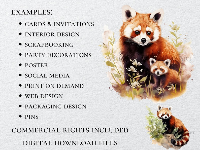 May include: Watercolor painting of two red pandas in a forest setting. The mother red panda is standing on its hind legs, while the baby red panda is sitting on the ground. The painting is done in a soft, watercolor style, with a light background.