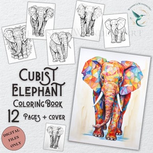 Cubist elephant Coloring Book Adults kids Instant Download Grayscale Coloring Pages Printable PDF
