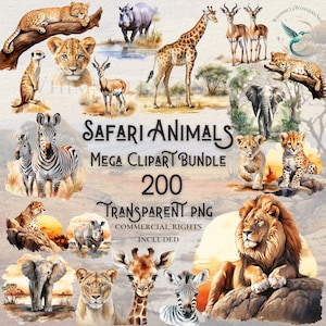 Aquarel safari dieren clipart bundel 200 hoge kwaliteit PNG digitale download commercieel gebruik digitaal papier knutselen transparante achtergrond