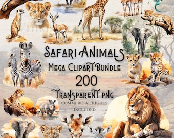 Watercolor Safari Animals Clipart Bundle, 200 PNGs (Digital Download)