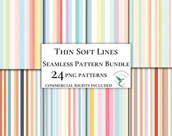 May include: A digital download of 24 seamless patterns featuring thin, soft lines in various pastel colors. The patterns are perfect for creating backgrounds, scrapbooking, and other craft projects.  The text "Thin Soft Lines Seamless Pattern Bundle 24 PNG Patterns Commercial Rights Included" is displayed on a white background.