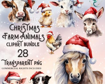 Watercolor Christmas Farm Animals Clipart Bundle (PNG, Digital Download)