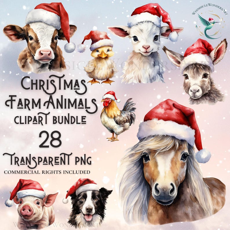Watercolor Christmas Farm Animals Clipart Bundle (PNG, Digital Download ...