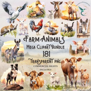 Méga bundle aquarelle animaux de la ferme clipart haute qualité PNG téléchargement numérique à usage commercial création de papier fond transparent