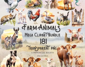 Watercolor farm animals clipart mega bundle high quality PNG digital download commercial use digital paper crafting transparent background