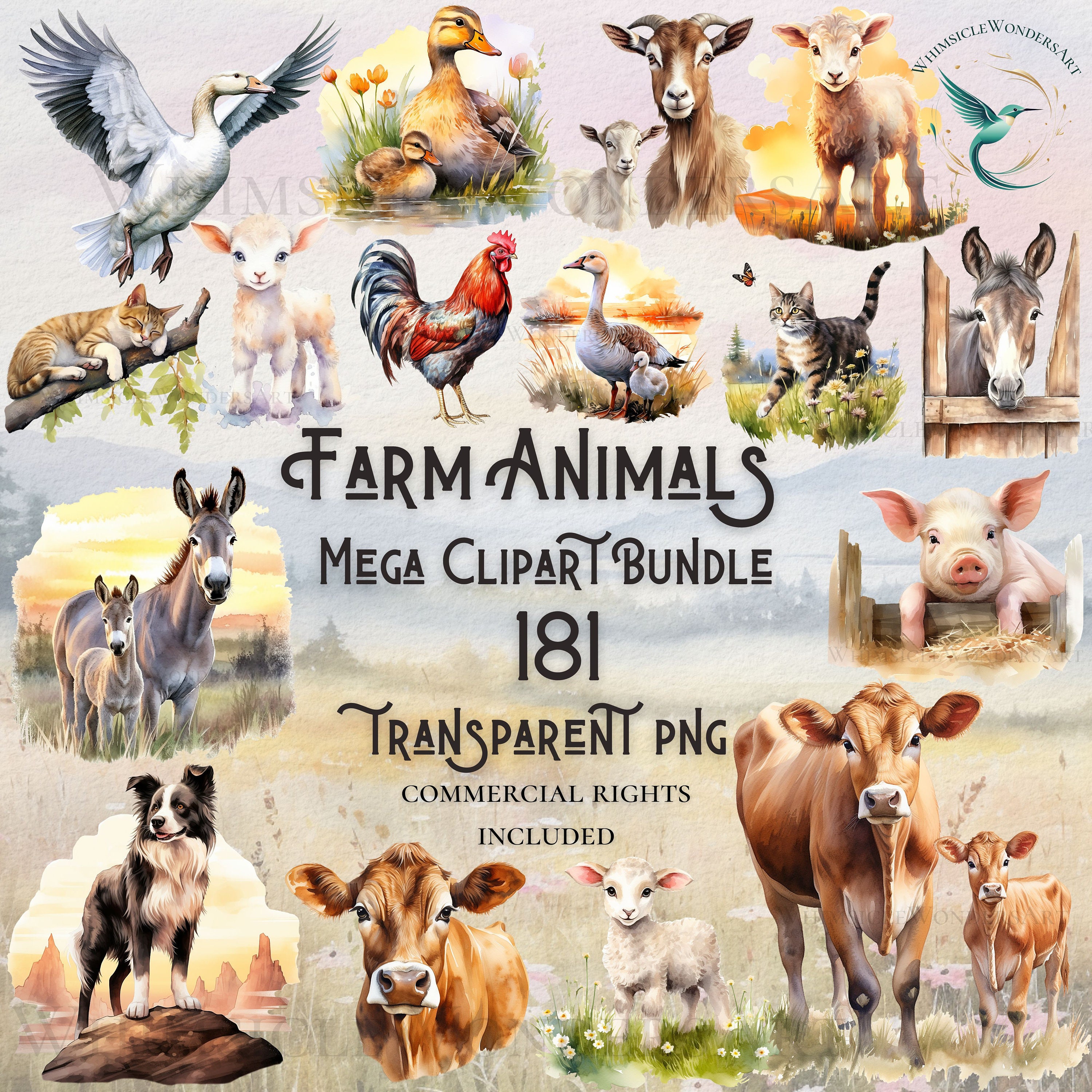 Watercolor farm animals clipart mega bundle high quality PNG digital download commercial use digital paper crafting transparent background