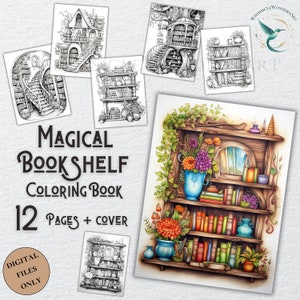 Magic bookshelf Coloring Book Adults kids Instant Download Grayscale Coloring Pages Printable PDF