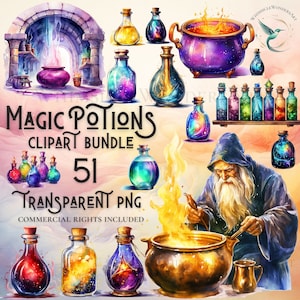 Watercolor Wizard Potions clipart bundle high quality PNG digital download commercial use digital paper crafting transparent background