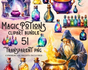 Watercolor Wizard Potions Clipart Bundle, Fantasy PNG Images (Digital Download)
