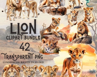 Watercolor Lion Clipart Bundle: 42 PNG Images (Digital Download)