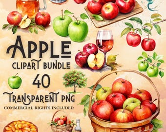 Watercolor Apple Clipart Bundle: 40 PNG Graphics (Digital Download)