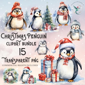 Watercolor Penguin clipart bundle high quality PNG digital download commercial use digital paper crafting christmas transparent background