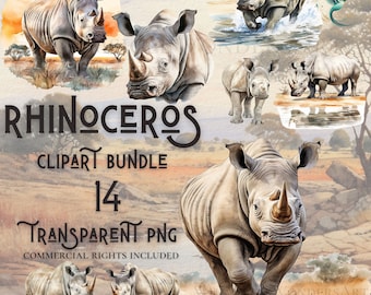 Watercolor rhinoceros clipart bundle high quality PNG digital download commercial use digital paper crafting transparent background