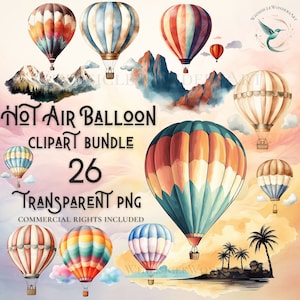 Aquarell Heißluftballon Clipart Bundle hoher Qualität PNG digitaler Download kommerzielle Nutzung digitales Papier Handwerk transparenten Hintergrund