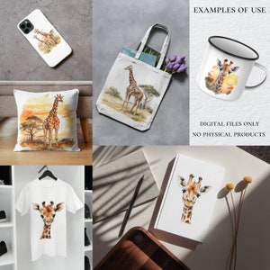 May include: A digital illustration of a giraffe in a watercolour style. The giraffe is standing in a savanna landscape with trees and a sunset in the background. The illustration is suitable for use on various products such as phone cases, tote bags, mugs, cushions, t-shirts, and notebooks. Digital files only. No physical products.