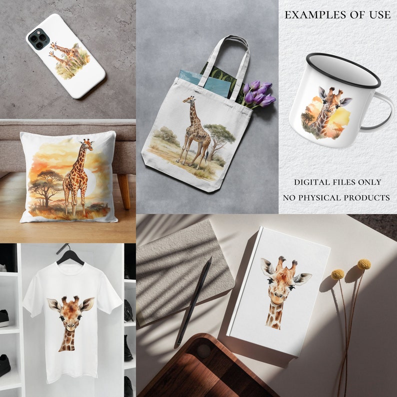 May include: A digital illustration of a giraffe in a watercolour style. The giraffe is standing in a savanna landscape with trees and a sunset in the background. The illustration is suitable for use on various products such as phone cases, tote bags, mugs, cushions, t-shirts, and notebooks. Digital files only. No physical products.