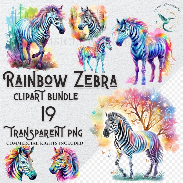 Watercolor Rainbow Zebra clipart bundle high quality PNG digital download commercial use digital paper crafting transparent background