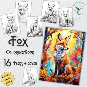 Fox Coloring Book Adults kids Instant Download Grayscale Coloring Pages Printable PDF