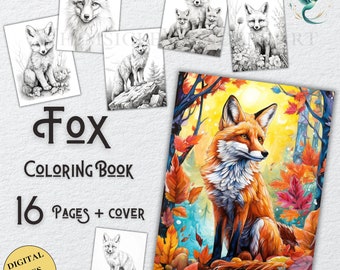 Fox Coloring Book Adults kids Instant Download Grayscale Coloring Pages Printable PDF