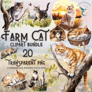 Lot de 20 cliparts chat de ferme aquarelle en téléchargement numérique PNG de haute qualité, à usage commercial, projets d'artisanat en papier numérique transparent