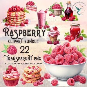 May include: A digital clipart bundle of 22 raspberry themed images. The images include raspberries, a raspberry smoothie, a raspberry ice cream cone, a raspberry cupcake, raspberry cookies, a plate of pancakes with raspberries, a jar of raspberry jam, a bottle of raspberry syrup, and a basket of raspberries. The images are all in a cartoon style and are perfect for use in digital scrapbooking, card making, and other craft projects.  "Raspberry Clipart Bundle 22 Transparent PNG Commercial Rights Included"