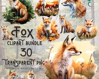 Watercolor Fox clipart bundle high quality PNG digital download commercial use digital paper crafting projects transparent background