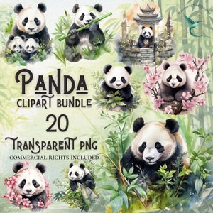 Pacote de clipart de Panda aquarela 20 download digital PNG de alta qualidade, uso comercial, projetos de elaboração de papel digital, fundo transparente