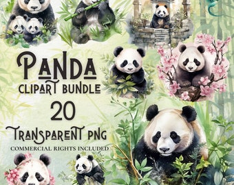 Watercolor Panda Clipart Bundle: 20 PNG Images, Commercial Use (Digital Download)