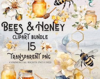 Watercolor Honey Bee clipart bundle high quality PNG digital download commercial use digital paper crafting projects transparent background