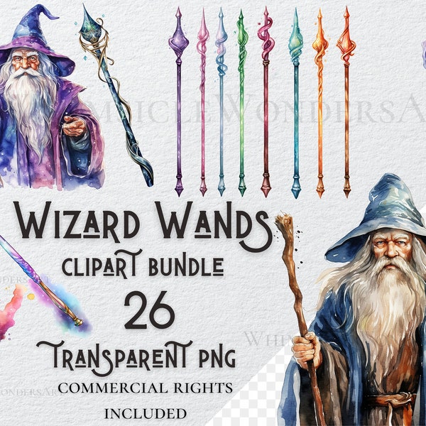 Watercolor wizard wand clipart bundle high quality PNG digital download commercial use digital paper crafting project transparent background