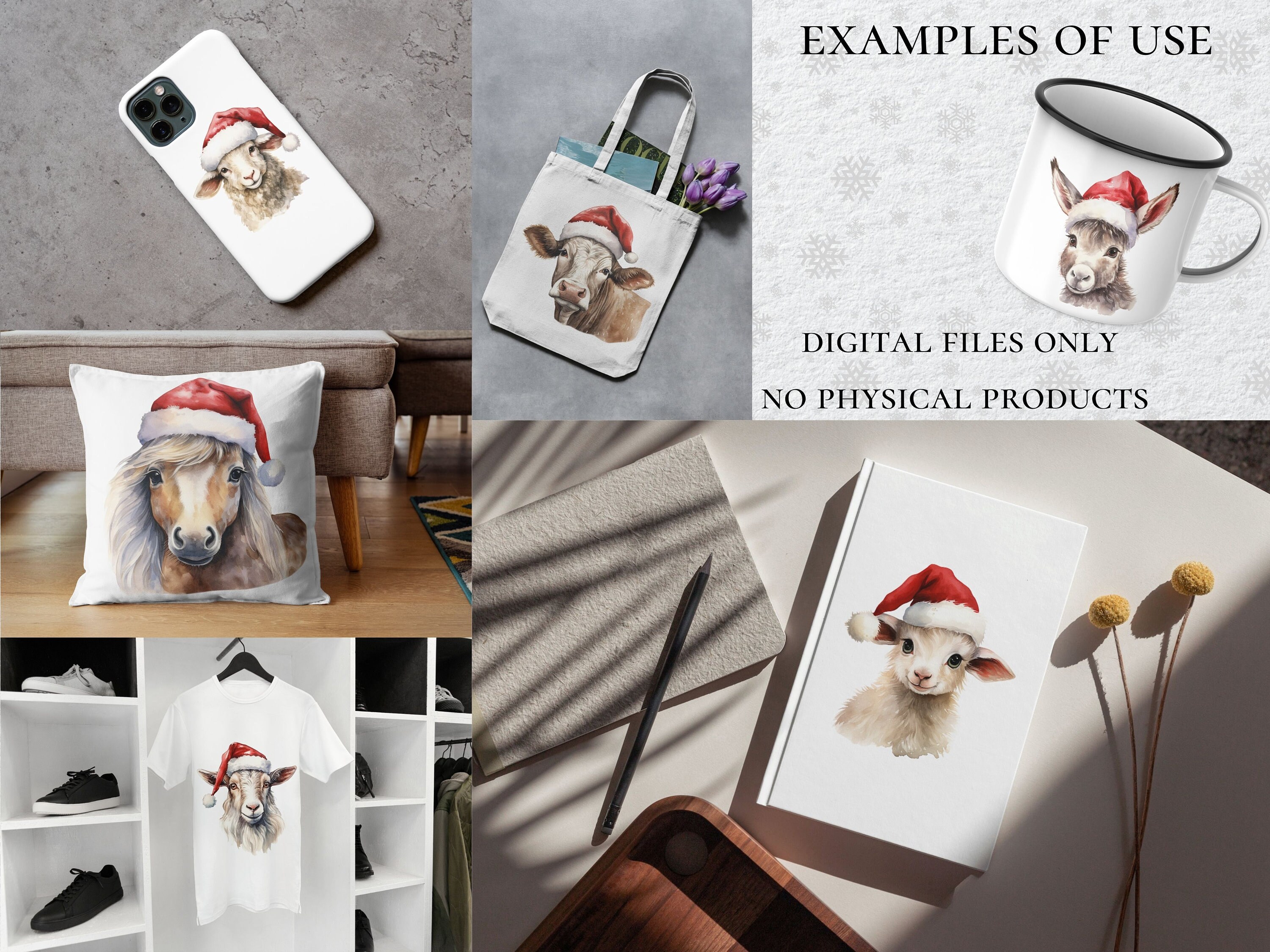 Watercolor Christmas Farm Animals Clipart Bundle (PNG, Digital Download ...