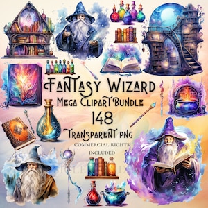 Paquete de imágenes prediseñadas de mago de fantasía de acuarela Descarga digital PNG de alta calidad uso comercial elaboración de papel digital fondo transparente